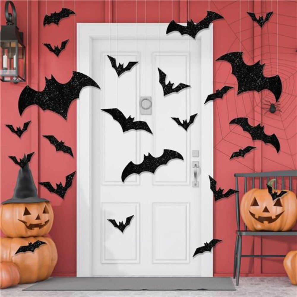36PCS Halloween Hanging Bat,Glittery 3D Black Decorative Bat Stickers